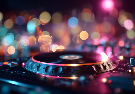 DJ Turntable mit bunter Lichtkulisse in der Nacht