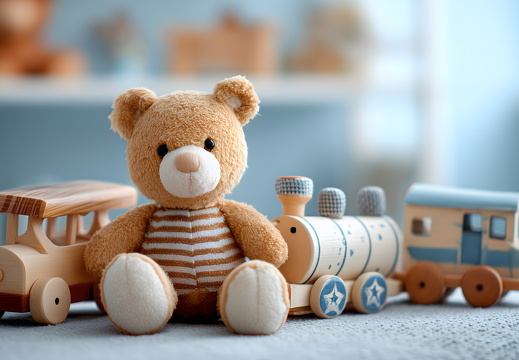 Teddybär mit Holzeisenbahn auf Kinderbett im Kinderzimmer