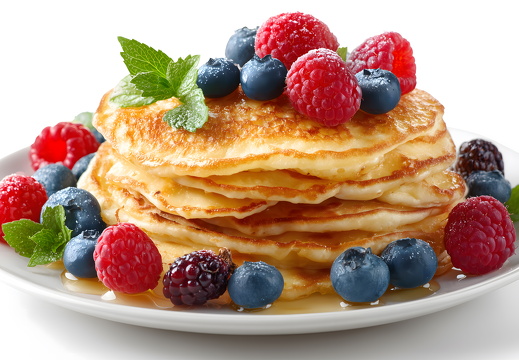 Stapel Pfannkuchen mit frischen Beeren und Sirup auf weißem Teller
