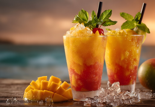 Tropischer Mango-Orangen-Cocktail mit Eis am Strand bei Sonnenuntergang