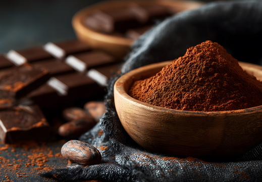 Kakaopulver in Holzschüssel mit Schokolade und Kakaobohnen_of_Closeup_of_Cocoa_Powder_and_Dark_Chocolate_436371e8-fadc-4b11-9867-005d2e1e0198