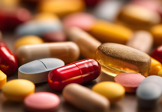 Bunte Tabletten und Kapseln in Großaufnahme auf Holz