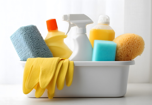 Reinigungsmittel in weißer Aufbewahrungsbox mit Schwamm und Handschuhen