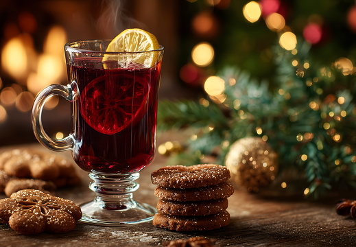 Glühwein mit Zitrone und Weihnachtsgebäck vor Lichterbaum