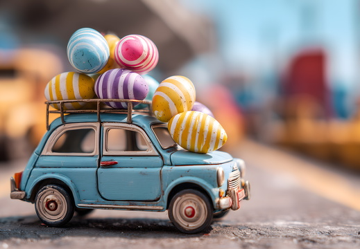 Spielzeugauto mit Ostereiern auf dem Dach im Freien