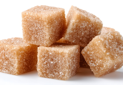 Brauner Würfelzucker in Nahaufnahme auf weißem Hintergrund