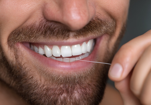 Zahnseide zwischen Vorderzähnen bei lächelndem Mann