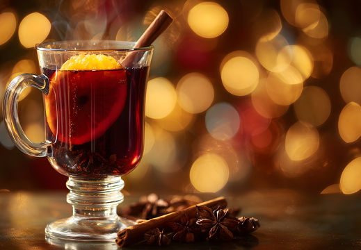 Glühwein mit Orange und Zimtstange vor Lichterhintergrund