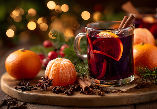 Glühwein mit Zimt, Mandarinen und Anis auf Holzbrett