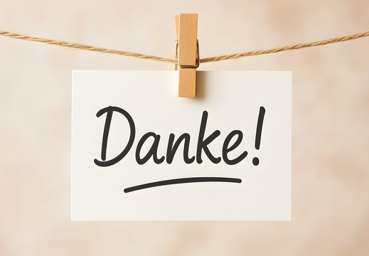 Danke Karte mit einer Holzklammer an Schnur befestigt