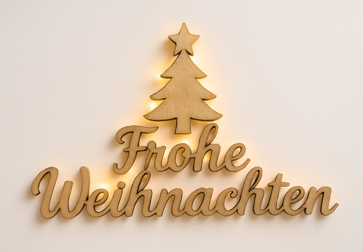 Frohe Weihnachten Holzschrift mit leuchtendem Weihnachtsbaum