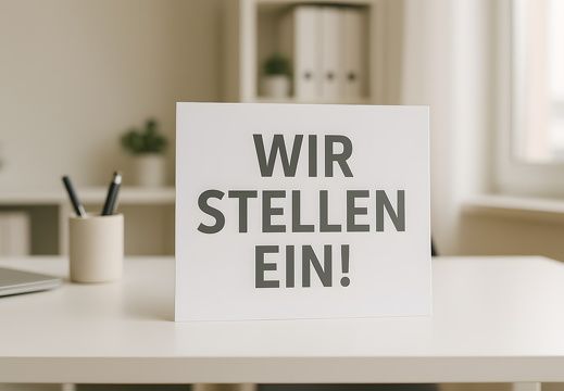 Jobanzeige mit Schild Wir stellen ein auf hellem Schreibtisch