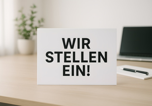 Schild mit Text Wir stellen ein auf Schreibtisch mit Laptop
