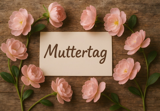 Muttertagsgruß mit rosa Blüten in Herzform auf Holz