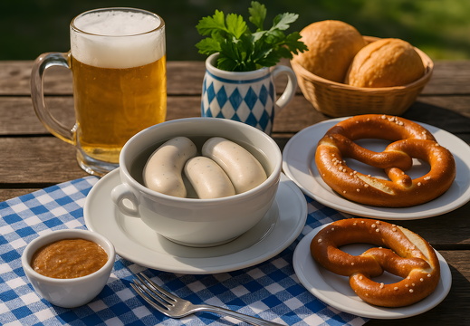 Bayerisches Weißwurstessen mit Bier, Brezn und Brötchen