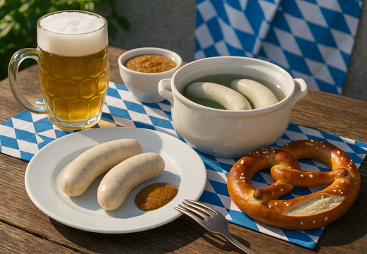 Bayerisches Weißwurstfrühstück mit Brezel und Bier