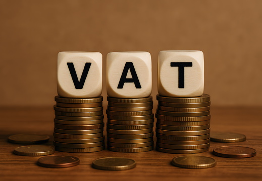 Mehrwertsteuer Symbol mit Würfeln und Münzen