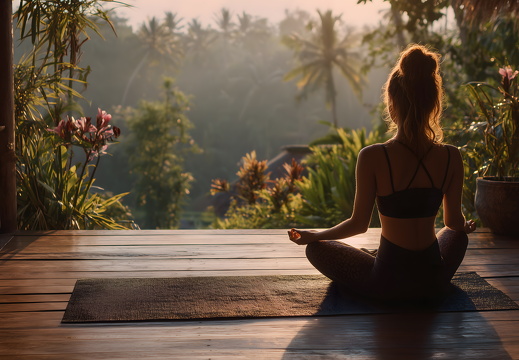 Frau macht Yoga im tropischen Bali bei Sonnenaufgang