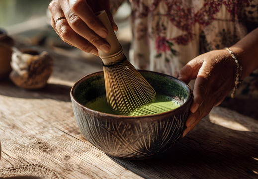 Matcha Tee wird mit Bambusbesen in Keramikschale zubereitet