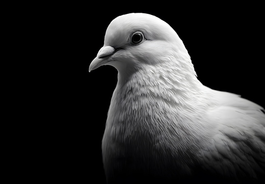 Nahaufnahme einer weißen Friedenstaube auf schwarzem Hintergrund