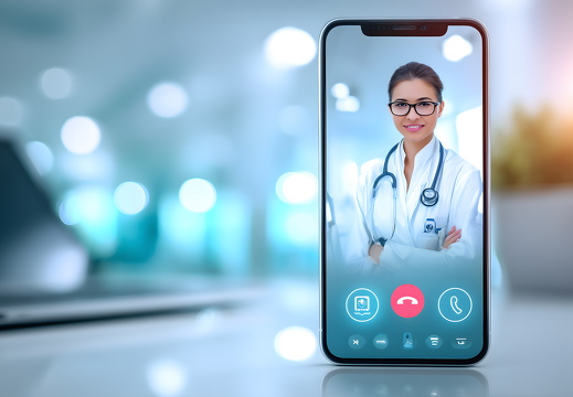 Ärztin in Videotelefonie auf Smartphone mit Stethoskop
