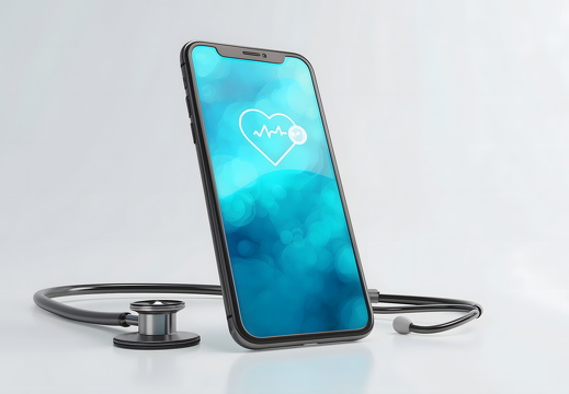 Telemedizin App auf Smartphone mit Stethoskop isoliert auf Weiß