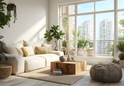 Helles Wohnzimmer mit Pflanzen und natürlichem Licht