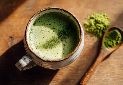 Frischer Matcha Latte in rustikaler Tasse auf Holz