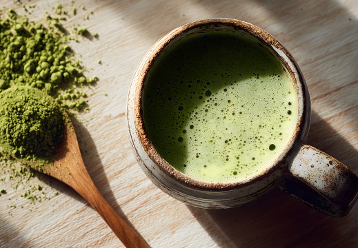Matcha Latte mit grünem Pulver auf Holztisch