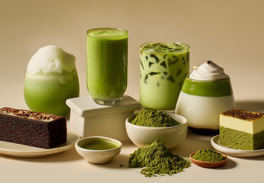 Matcha Getränke und Kuchen auf beigem Hintergrund