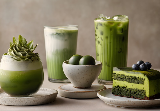Matcha Desserts und Getränke mit Sahne und Beeren