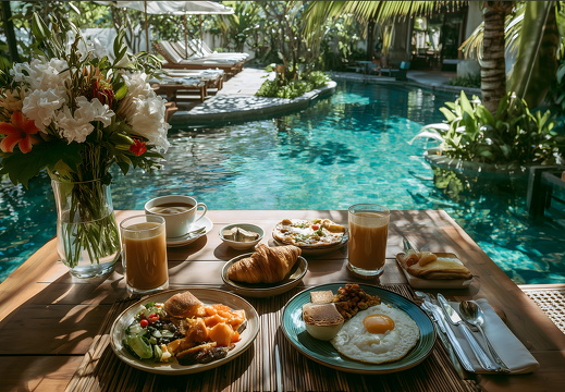 Luxus Frühstück am Pool in tropischem Resort auf Bali