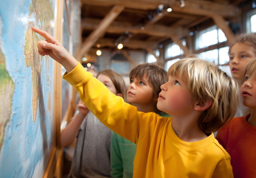 Kinder entdecken Weltkarte im Klassenzimmer