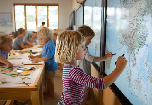 Kinder lernen mit Weltkarte im interaktiven Klassenzimmer