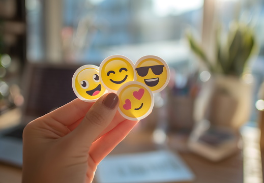 Hand hält Emoji-Sticker im hellen Homeoffice