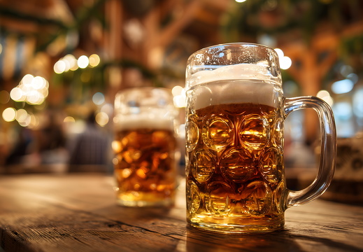 Bierkrüge auf Tisch beim Oktoberfest mit unscharfem Hintergrund