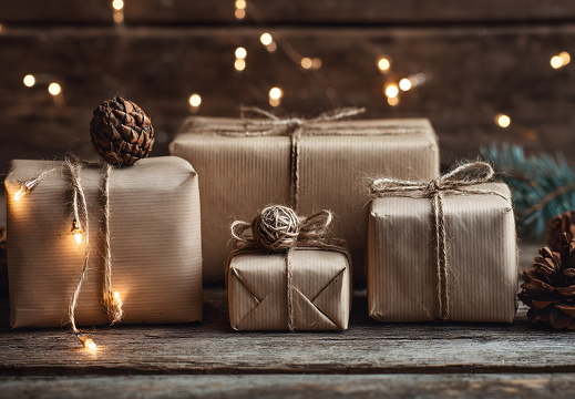 Weihnachtlich dekorierte Geschenke mit Lichterkette und Tannenzapfen