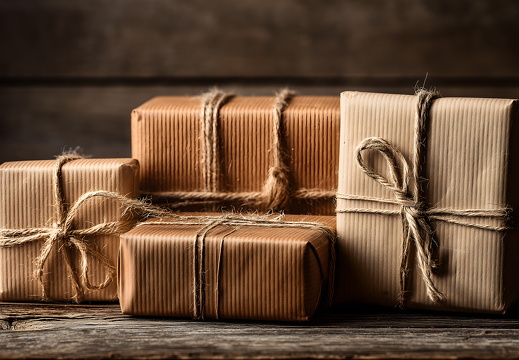 Geschenke in Packpapier mit Naturkordel auf Holz