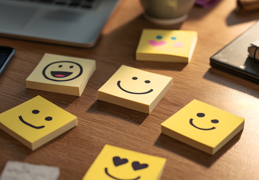 Klebezettel mit gezeichneten Smileys auf Schreibtisch