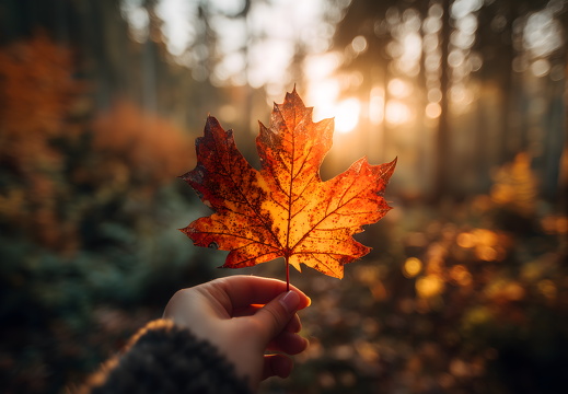 Ahornblatt in Hand vor herbstlichem Sonnenlicht im Wald
