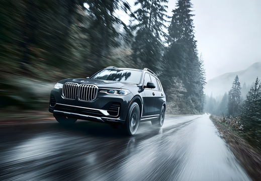 BMW SUV fährt durch nebligen Wald auf regennasser Straße