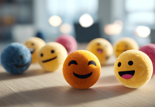 Emoji Bälle mit Gesichtern auf Holztisch